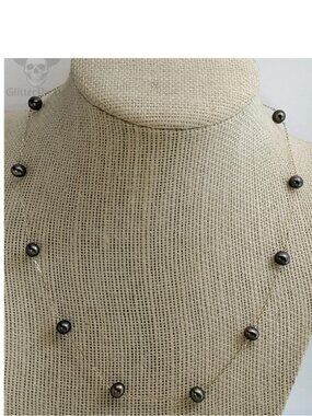 14k Yellow Gold Fancy Link Floating Black Pearl Necklace 17" 4.3g 6.5mm